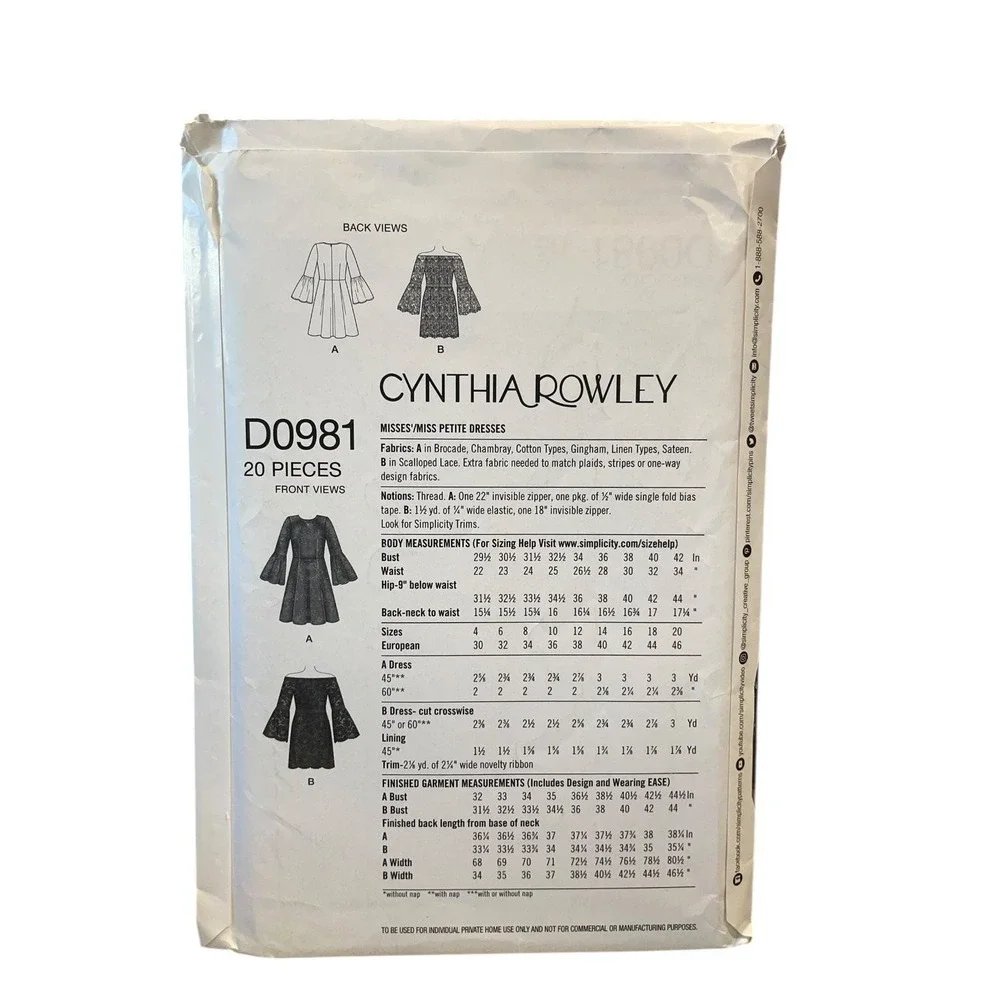 Simplicity D0981 Cynthia Rowley Misses Dress Size 4-12 Sewing Pattern